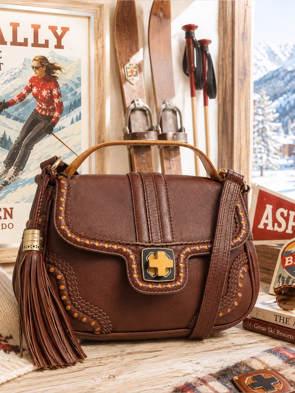 Bally Brown Leather Tassel 2-Way & Crossbody Turn Lock | Italian Leather | Rare